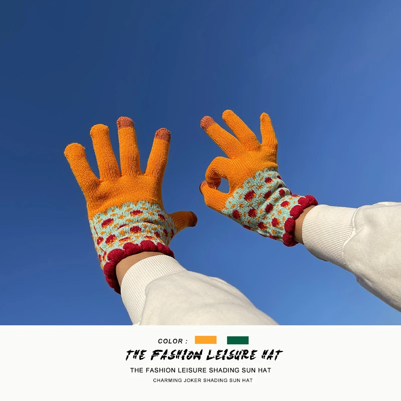 

Женские плотные теплые варежки в Корейском стиле, модные вязаные перчатки с цветами для девушек и женщин, дамские перчатки для сенсорных эк...