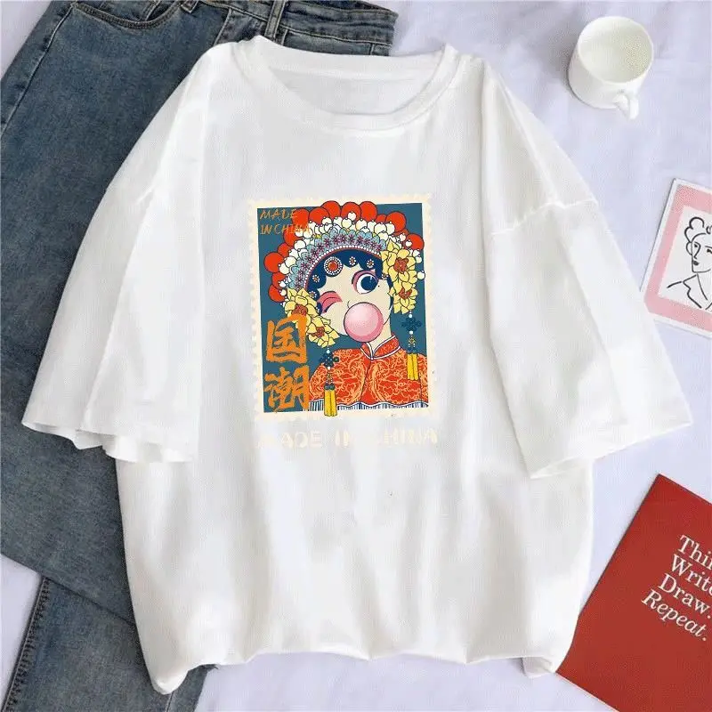

100% Cotton 2022 Summer Fashion Harajuku Tee Shirt Beijing Opera Print Casual TShirt Short Sleeve Loose T-shirts Women Tops