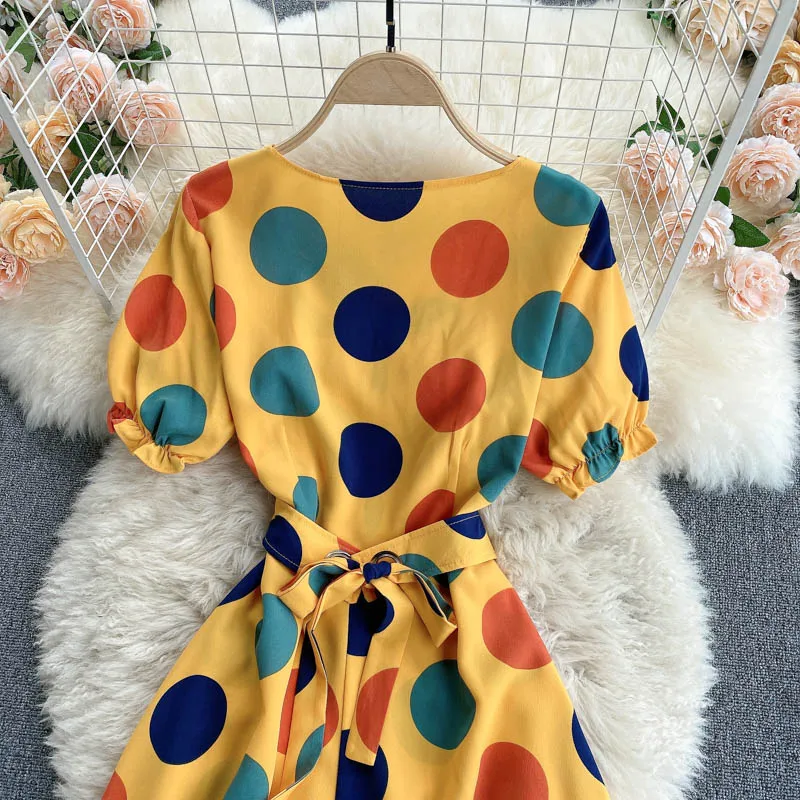 

Korean Dot Dress Women Sweet Puff Sleeve V Neck Button A-line Dresses Summer Casual Fashion Streetwear Dress
