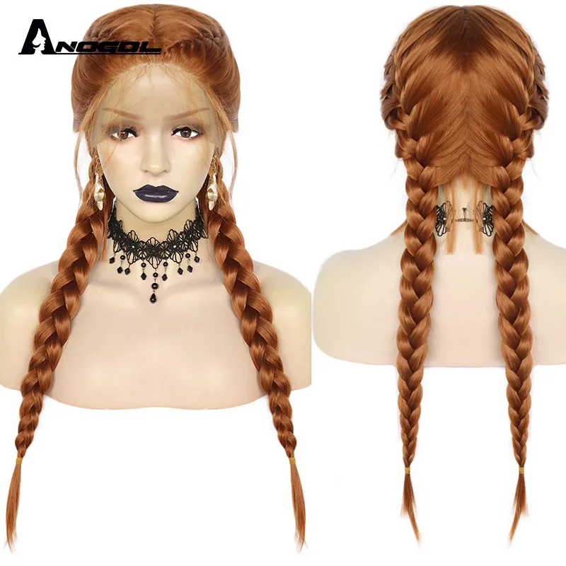 

ANOGOL 13x1 Blonde Braided Lace T-Part Wigs Heat Resistant Synthetic Long Double Braids Wig Ponytail Black Box Braid For Women