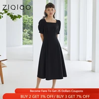 ziqiao women dresses summer 2021 solid square neck puff sleeves dresses french temperament style casual waist women clothing