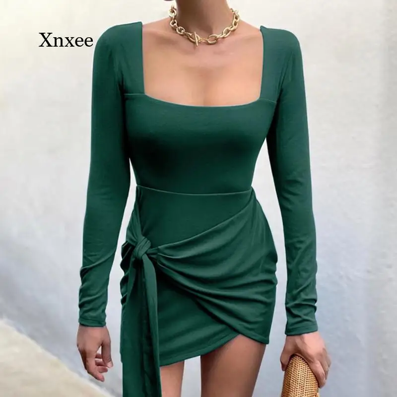 

Square Collar Dress Long Sleeve Bodycon Autumn Black Wrap Bandage Women Sexy Backless White Elegant Short Mini Party Dresses