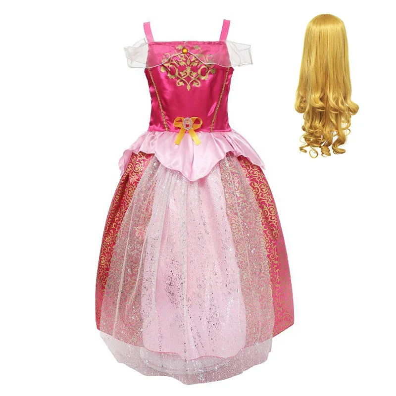 Sleeping Beauty Праздничная одежда принцессы для девочек, платья Золушки, Белль, Рапунцель, Аврора, Ариэль, Белоснежка, Эльза, Анна, жасмин, София, с париком, косплей - Цвет: Sleeping Beauty