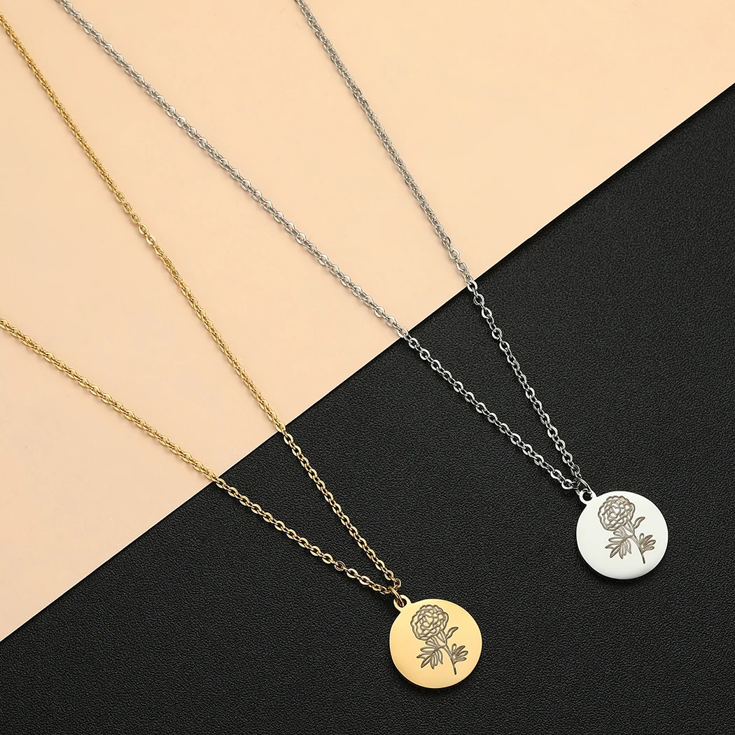 

2021 Stainless Steel Birth Flower Necklace Botanical Disc Necklace Engraved Birthday
