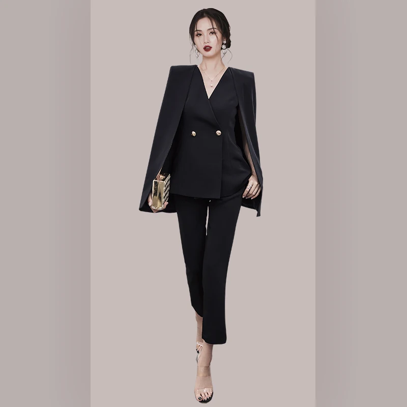 Runway Women Pants Suit Elegant Fall Winter Shawl Cloak V Neck Batwing Sleeve Blazers 2PCS Set And Office OL Pecnil Pants Set