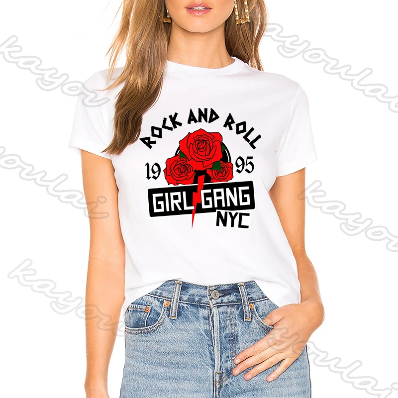 Чехол с изображением рок-н-ролл 1995 Girl GANG NYC печати для женщин Футболка Модный