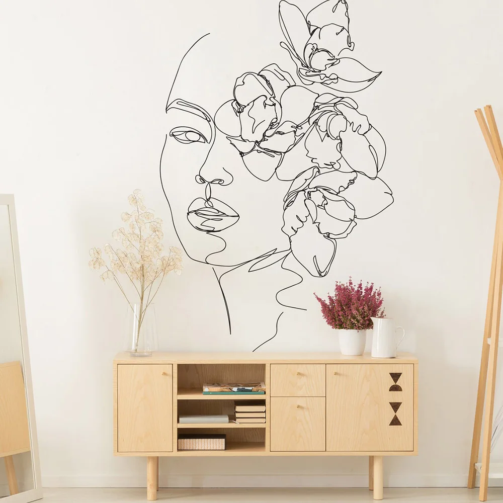 

Красота фокусный цветочный женщина линия рисования стены стикер девушка комната гостиная минималистический лицо цветок искусство стены П...