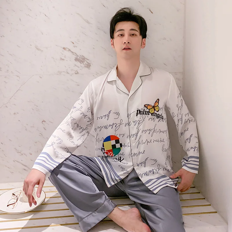 

New Couple Pajamas Ladies Letter Printing Sleepwear Silk Long-sleeved Home Clothes Loose Simple Lapel Nightsuit Two-piece