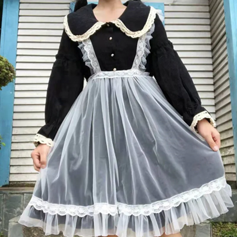 

Japanese Soft Girl Cute Sweet Lolita Apron Blouse Mesh Victorian Skirt Loose Gothic Lolita Apron Loli Cos Lolita Princess