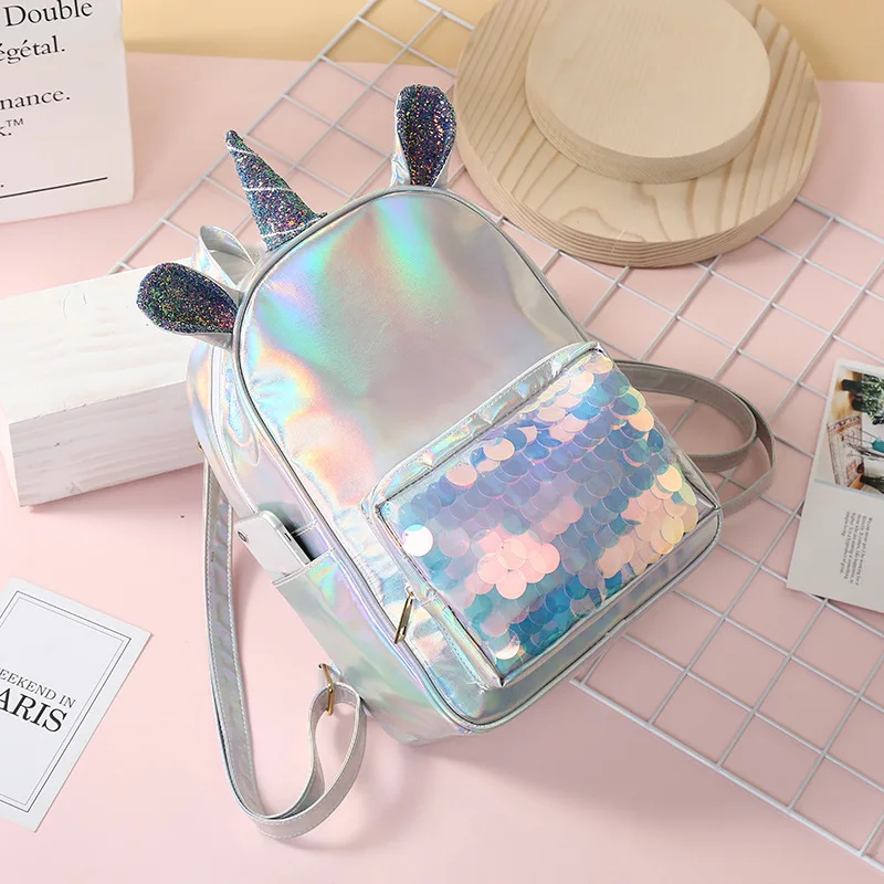 Silver Woman Small Backpack Pu Leather Bag for Kids Girls Holographic Fabric Cartoon Small Bags Sequins Children Bags