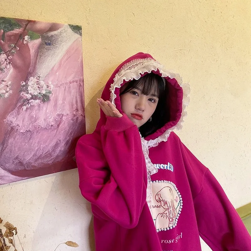 

Sweet Print Lace Patchwork Hoodies Women 2021 New Autumn Vintage Loose Thin Hooded Long-sleeved Sweatshirts Woman