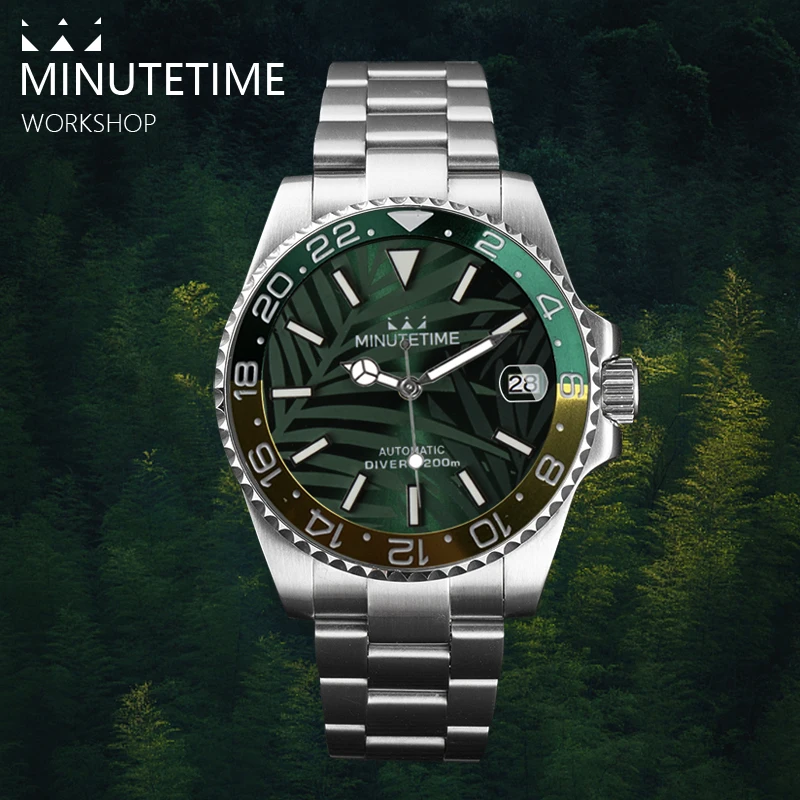 

Men's AutomaticMechanical Wrist Watch NH35 Movement Mecánico automático Leaf Pattern Montre-bracelet Reloj de pulsera Green Lume