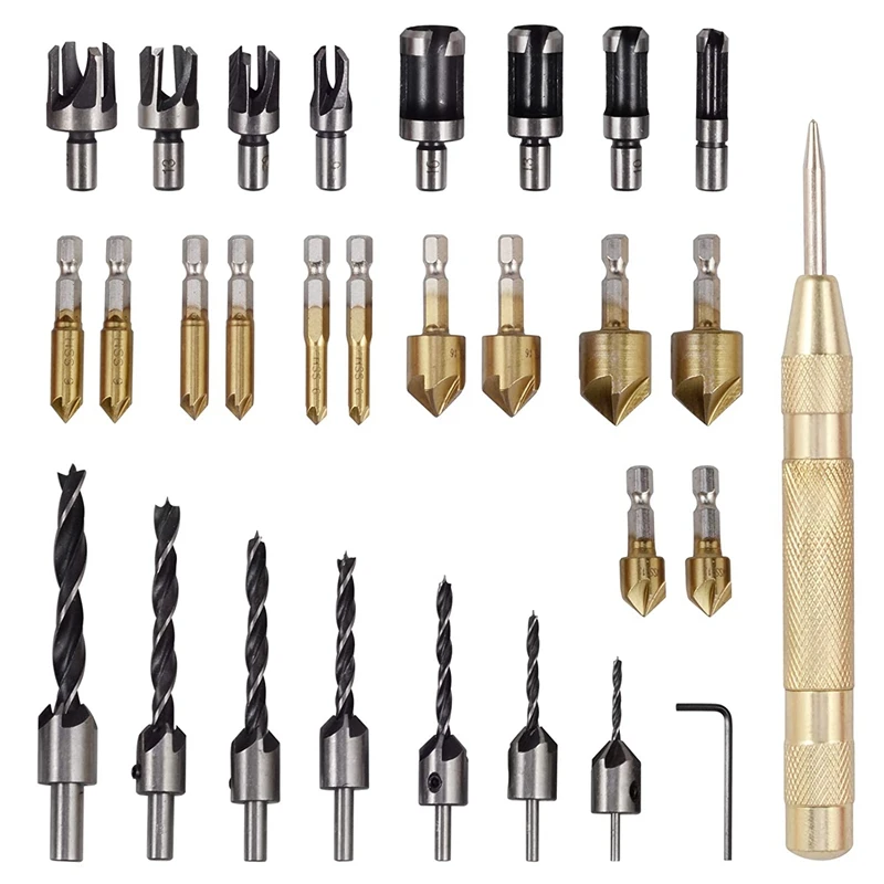 

29 Pcs Woodworking Chamfer Drilling Tool Set with Center Punch Counter-Groove Drill Bit for Wood Drilling