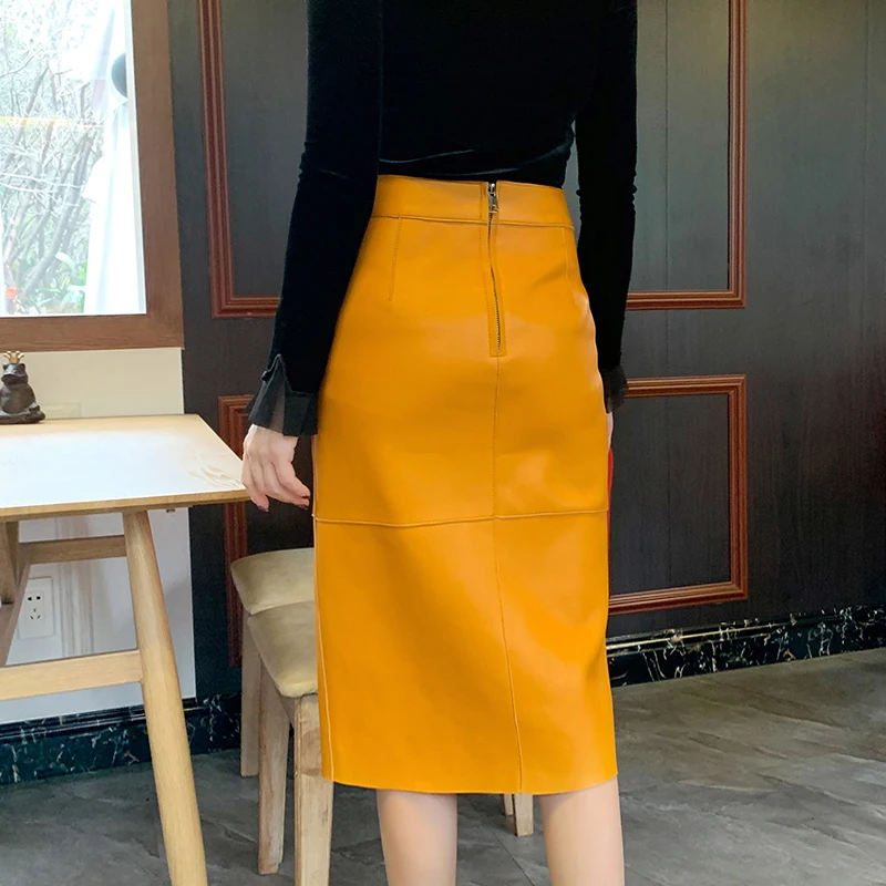 2020 New Winter Women French Retro Split Genuine Leather 65cm Long Skirt Female Knee Over Buttons Wine Red/Yellow Saia Faldas