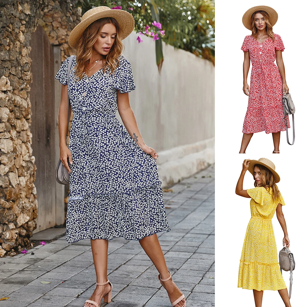 

Small Broken Flower Dress Long Urban European and American Floral Temperament Cotton Fashion V-neck Button Short Sleeve Women's