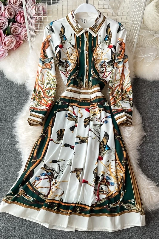 

Vintage Palace Dress New Women's long sleeve turn down collar print elegant party knee length dress slim spring runway dresses