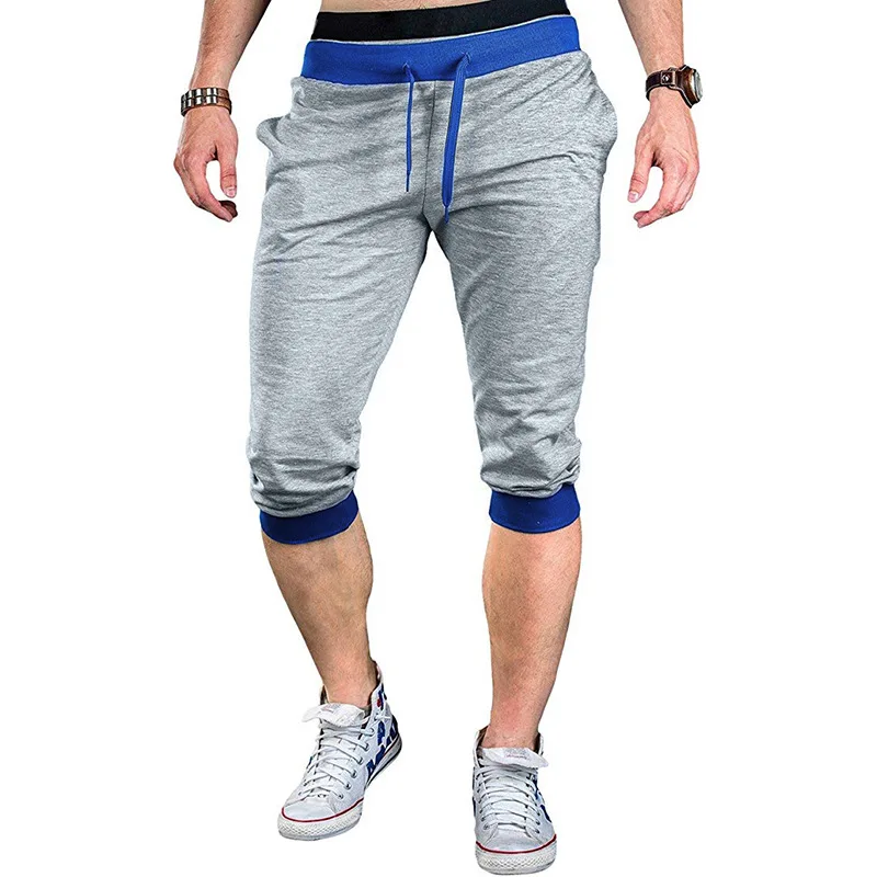 

Summer new cotton men pants straight mid-waist drawstring Foot mouth contrast color male casual sports calf-length pants
