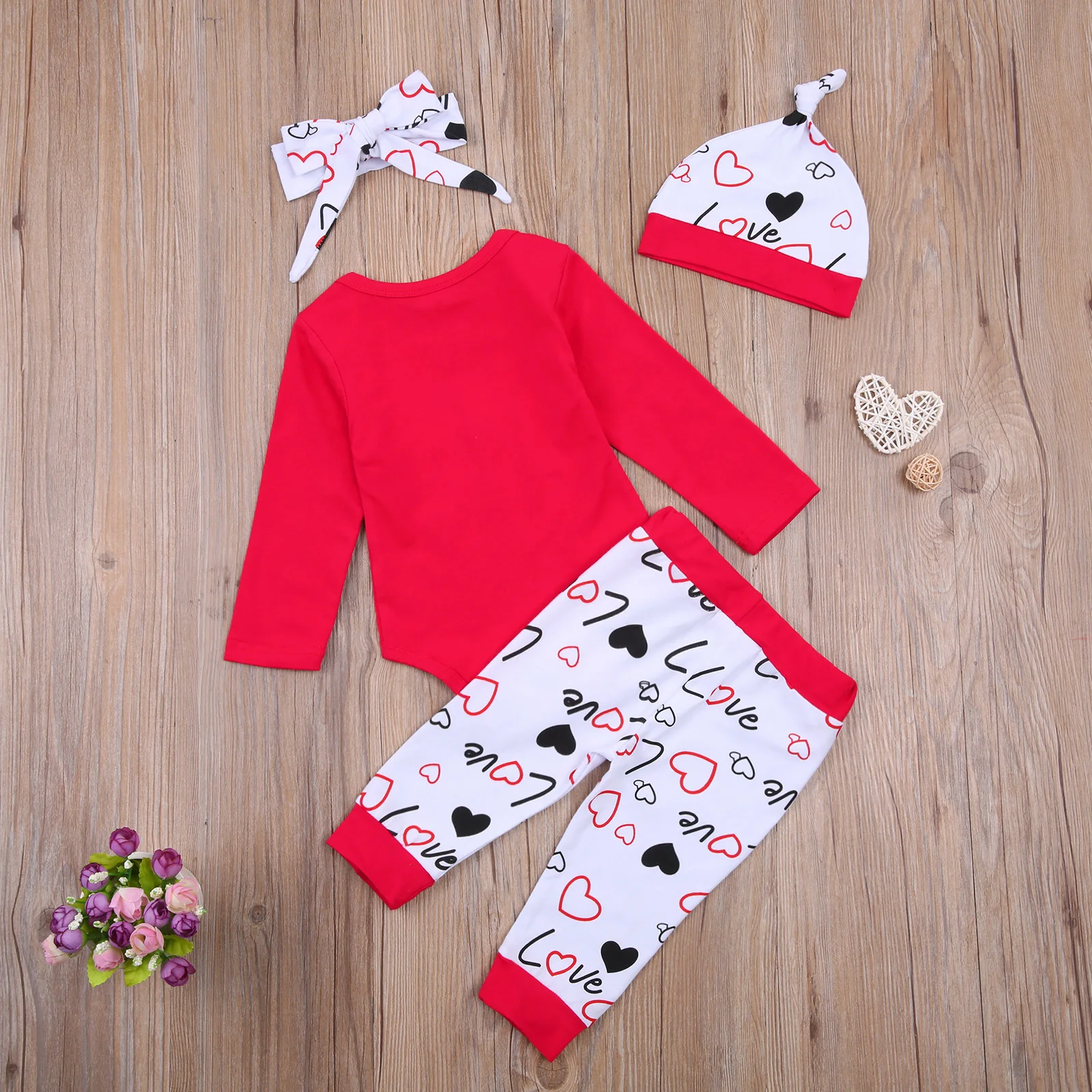 

2021 New Valentine's Day 0-18M Baby Girl 4Pcs Set Heart Balloon Letter Print Long Sleeve Bodysuit+Pants+Headband+Hat Clothes