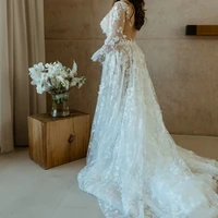sexy backless boho ivory lace bride gowns tulle off the shoulder long sleeves floor length a line wedding dress vestido de noiva