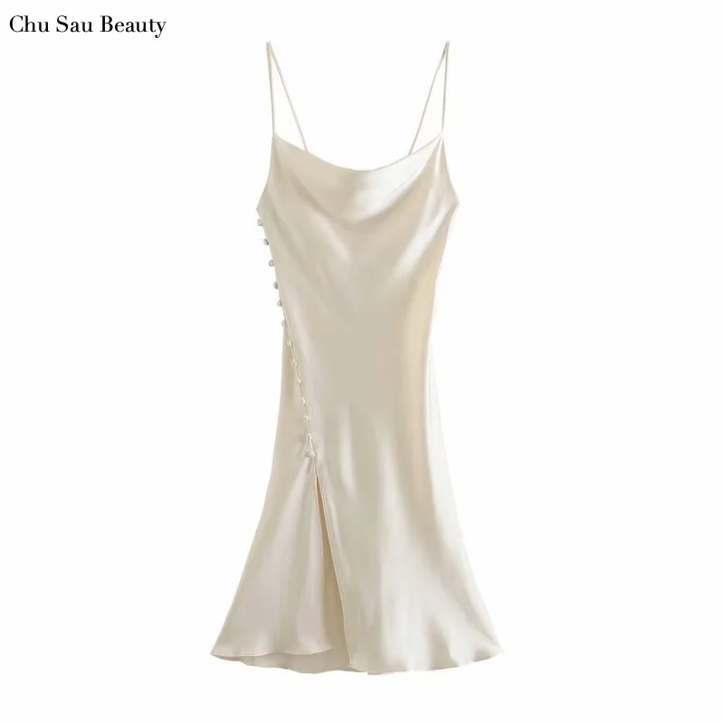 

Chu Sau Beauty European And American Summer Temperament Dress, Side Buttoned Underwear Dress, Asymmetric Side Slit Sling Dress
