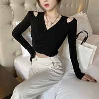 design feeling exposed navel irregular t shirts long sleeve bottoming t shirt autumn womens tops and blouses women clothing