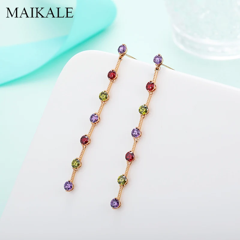 Женские длинные серьги кисточки MAIKALE золотистые Разноцветные с цирконом класса
