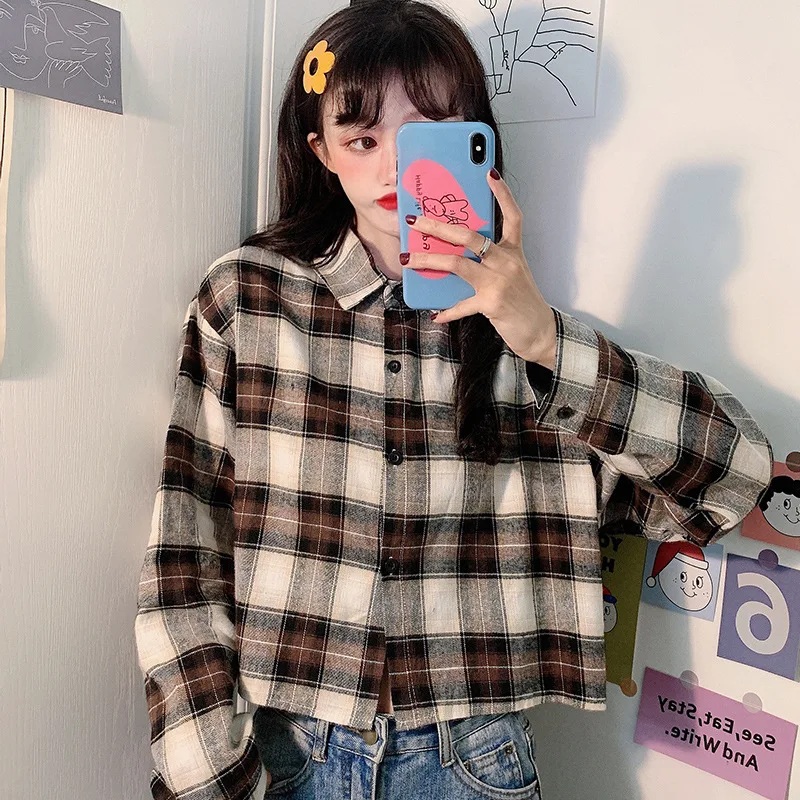 

Short Long Sleeve Plaid Shirt Female Korean-style Autumn New Style Loose Navel Vintage Port wei shang Clothes WOMEN'S Dress