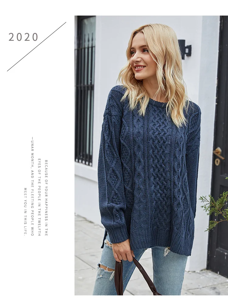 

Donsignet Women's Sweater New Fashion Spring/Autumn Round Neck Pullover Solid Color Twisted Loose Knitted Long Sleeves Sweater
