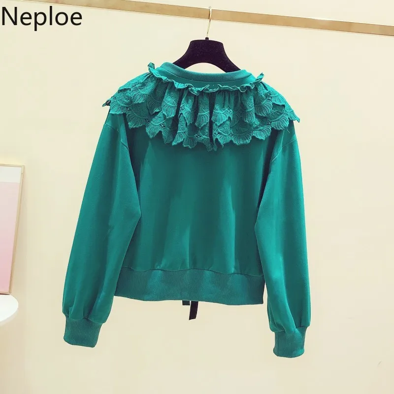 Neploe короткие толстовки с круглым вырезом и длинным рукавом Элегантная кружевная
