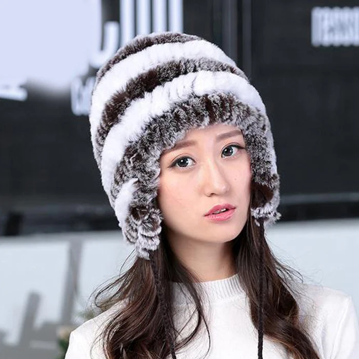 Lady Real Fur Earflap Hats Women Natural Rex Rabbit Fur Beanies Cap Russian Winter Warm Genuine Fur Hat Wholesale - Цвет: white coffee