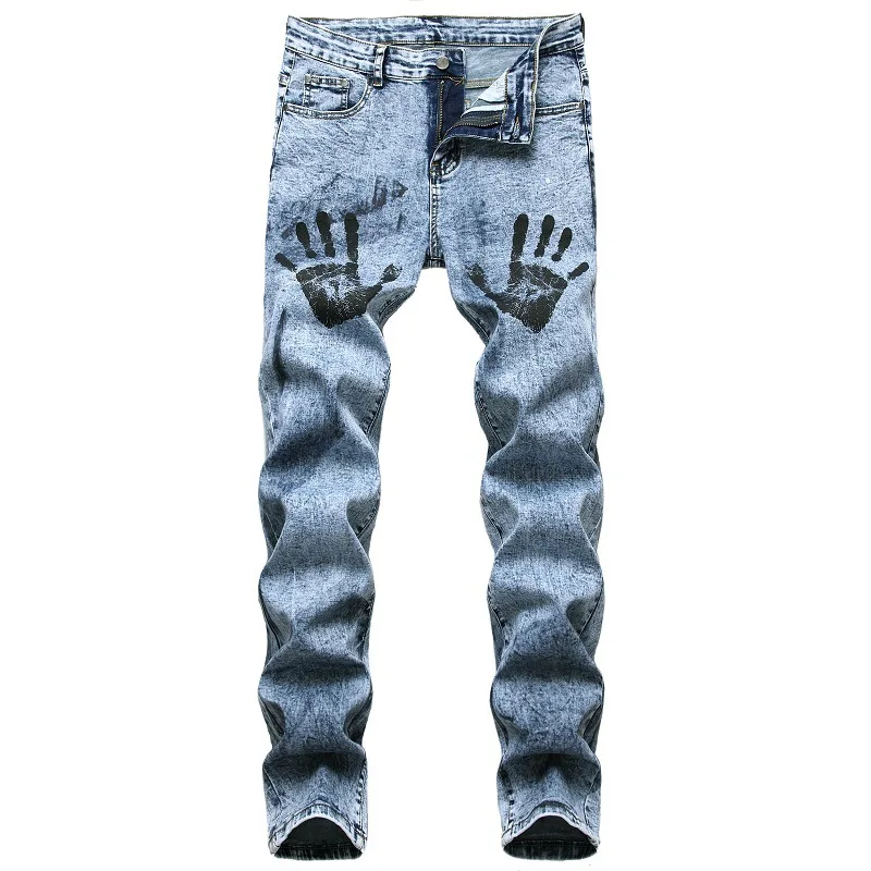 

Новинка 2021, модные мужские синие джинсы с пальмовым принтом, весенне-осенние хлопковые повседневные джинсовые брюки, ковбойские брюки, Разм...