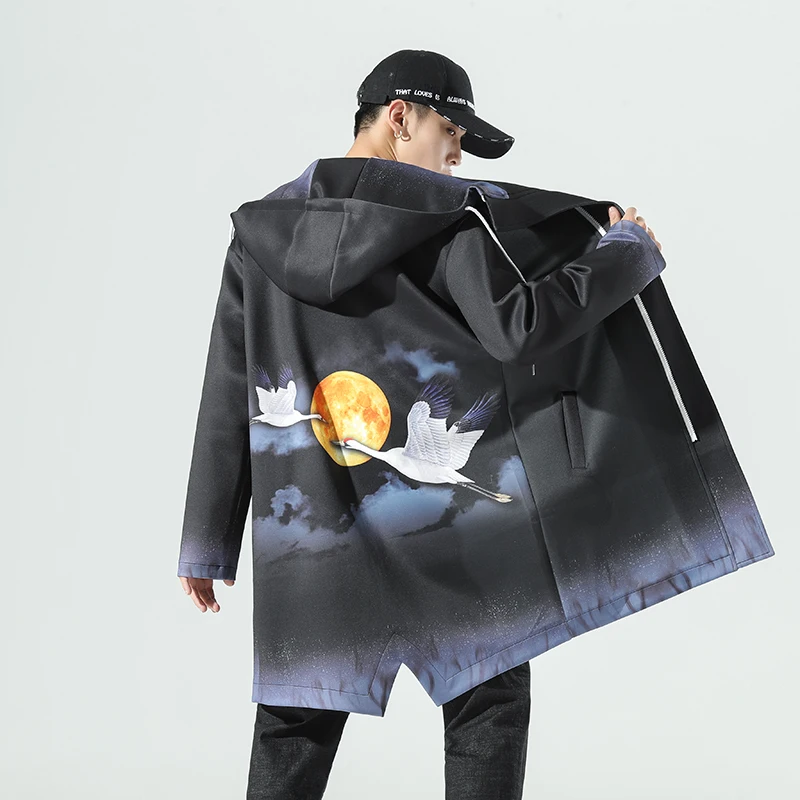 

Hooded Trench Coat for Men Fashion Spring Autumn Harajuku Windbreaker Overcoat Male Casual Outwear Hip Hop Men Jacket