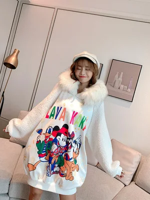 Winter lambswool dresses fashion fur collar women velvet hooded dresses - Цвет: white