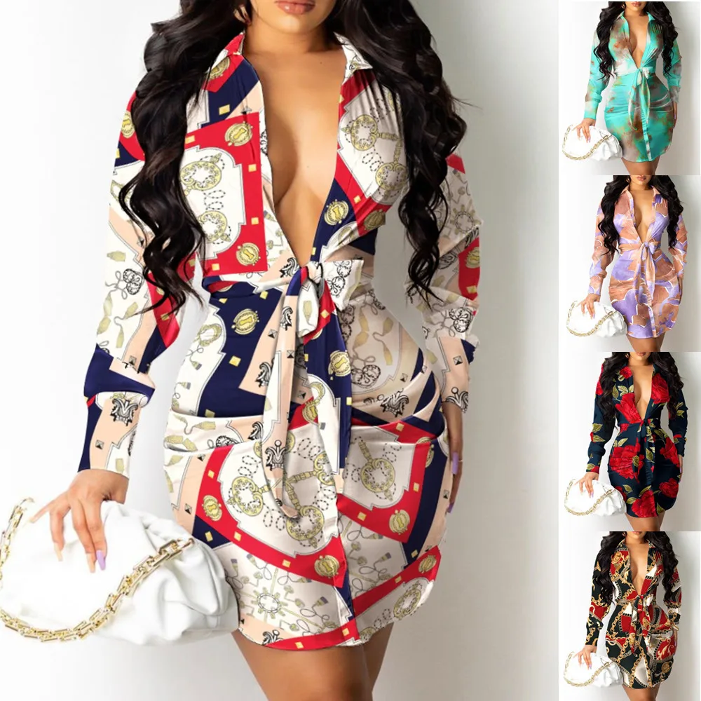 

Модная женская Асимметричная юбка, осеннее платье-рубашка с длинным рукавом, V-образным вырезом и принтом, женские платья для поездок, женск...