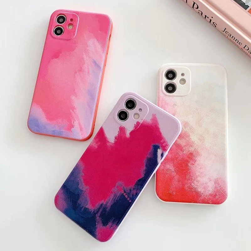 Gradient Watercolor Painting Square Liquid Silicone Phone Case For Huawei P40 P30 Mate 40 30 Pro Nova 7 8 SE Honor 30S V30 | Мобильные