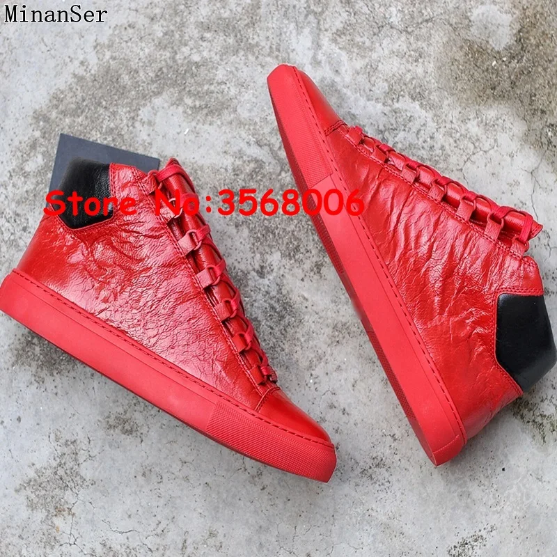 High Top Wrinkled Leather Black Red White Gray Blue Tie Up Sneakers Outdoor Leisure Fashion Arena Trainers Flats Shoes Mens | Обувь
