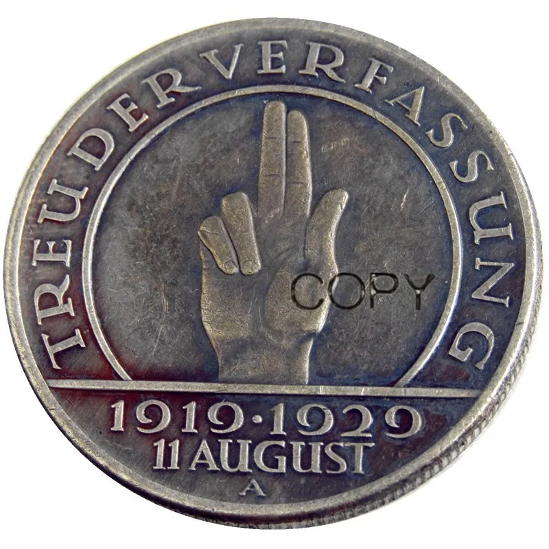Германия Веймар Республика 1929A E G 3 шт 5 рейхсмартк Посеребренная редкая копия
