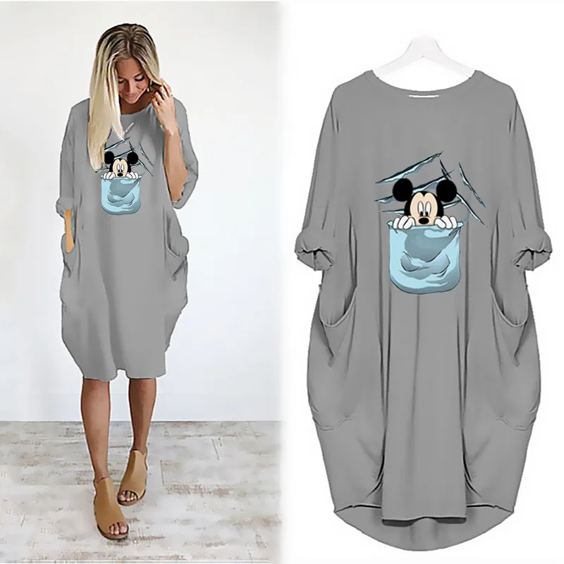 

Mickey Mouse Midi Dresses Fall 2021 Dresses Casual Vestidos Pocket Loose Long Sleeve Party Harajuku Streetwear Beach Robes Femme