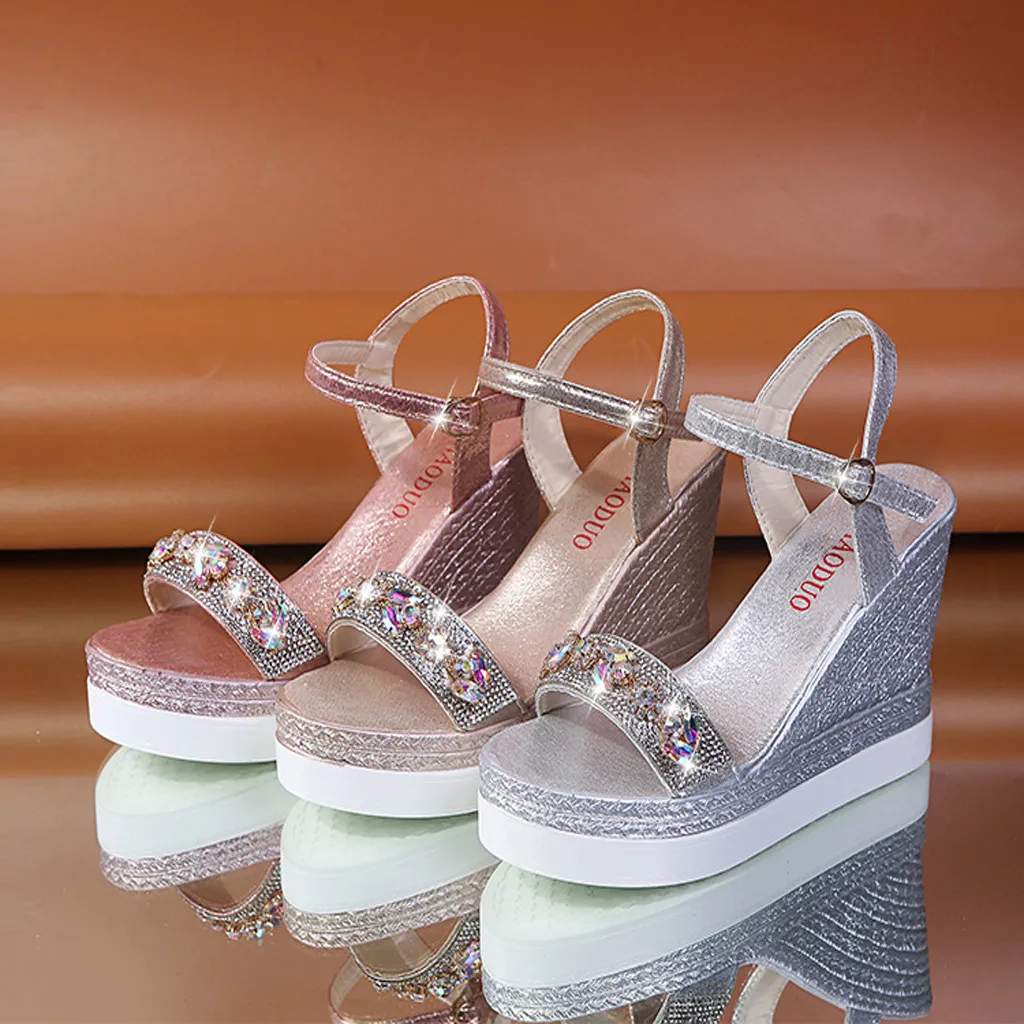 Sandalias Mujer 2020 Rhinestone Sandals Platform Women Ankle Strap Shoes Fashion High heels Wedges Dress Party | Обувь