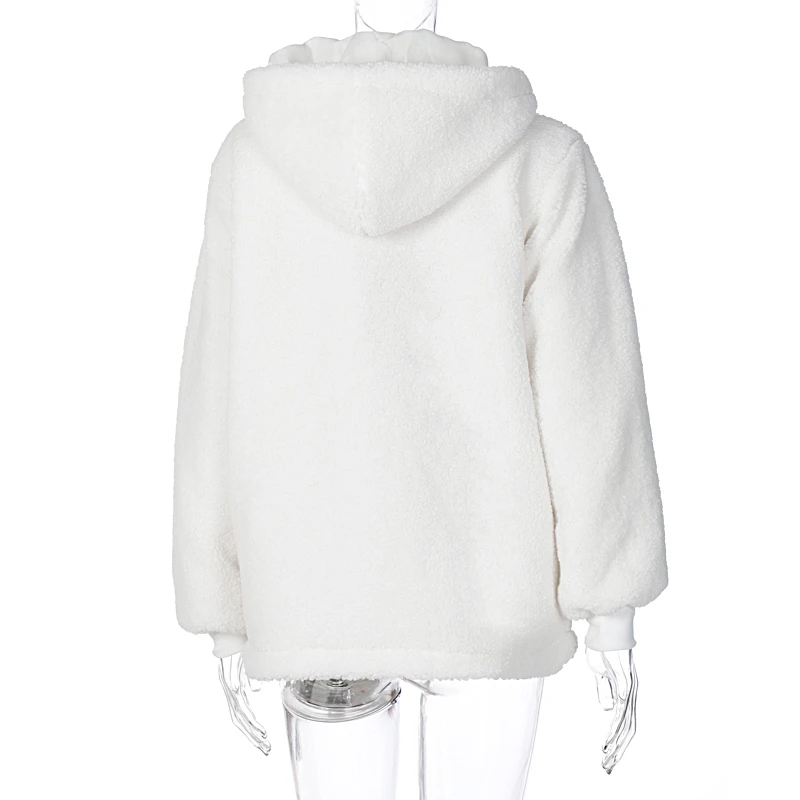 

Women's White Fluffy Zipper Coat Long-sleeved Warm Hooded Long Top 2020 Winter Lady Street Wear Party Wear