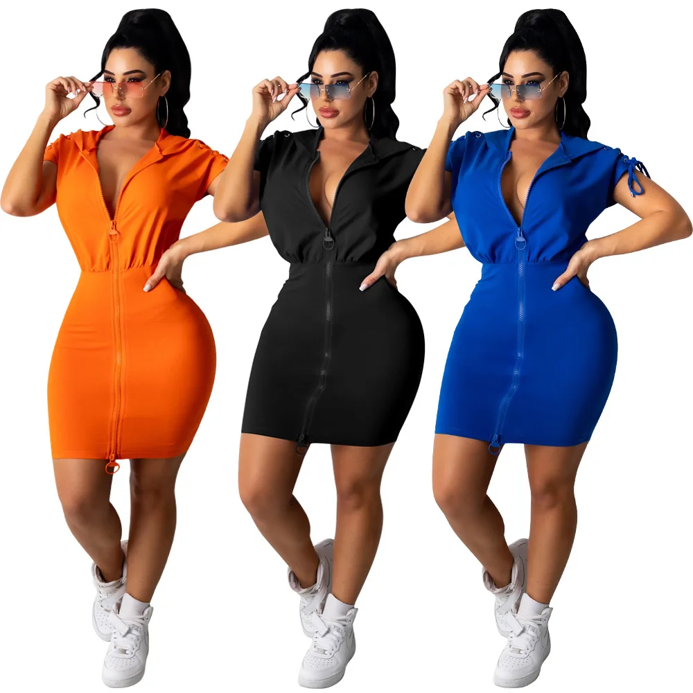 

Women's Casual Lace Up Solid Mini Dress Summer Sexy Zipper V Neck Short Sleeve Hooded Backless Bandage Bodycon Women Dress Robe