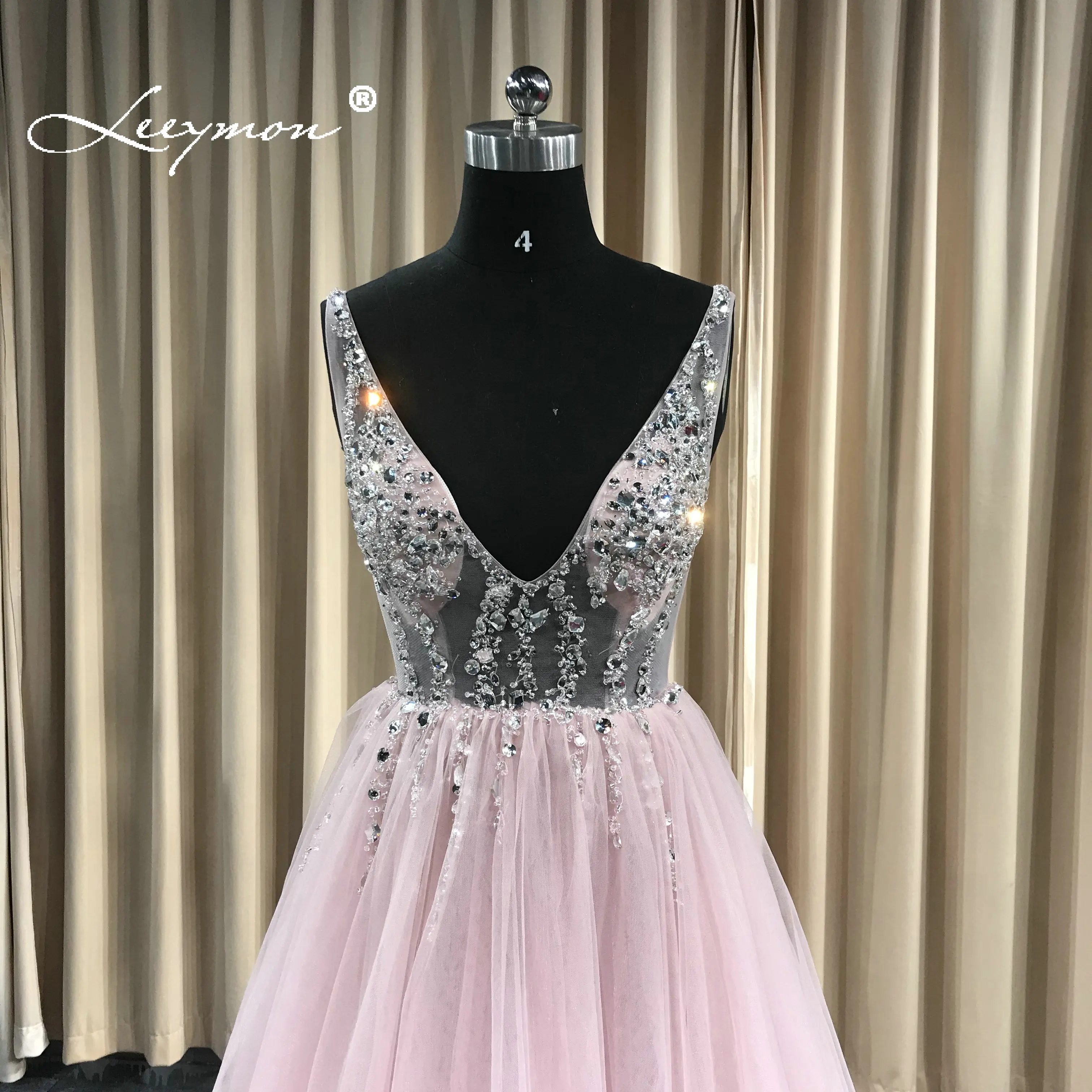 Новый дизайн глубокий V шеи тюль вечернее платье 2019 блестящие кристаллы