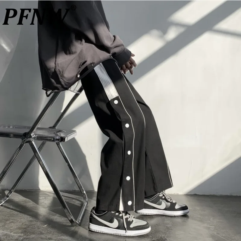 

Мужские свободные прямые брюки PFNW, повседневные широкие брюки в Корейском стиле с боковыми пуговицами и высокой талией, модель X0766 на осень, ...