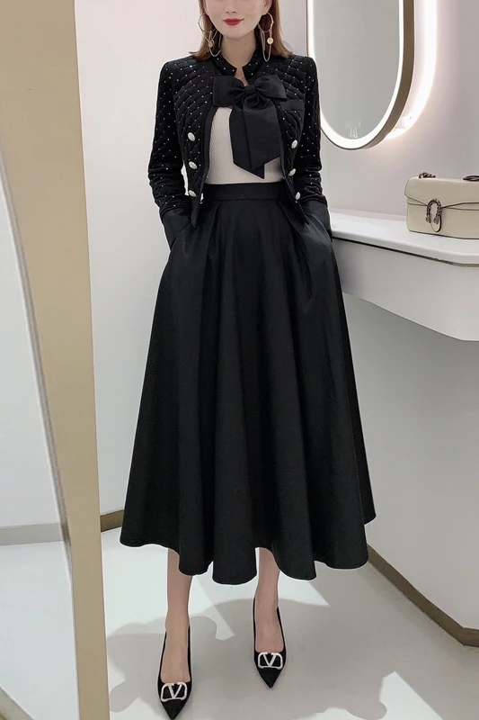 

2021 winter new high-end celebrity women's bow decoration hot drill coat swing skirt suit