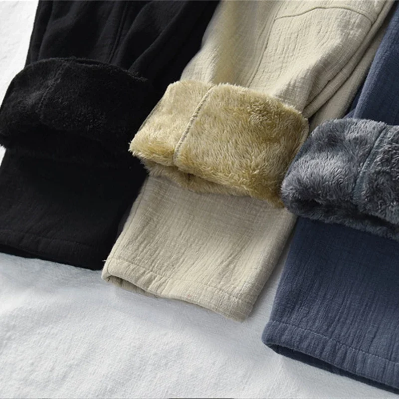 

2021 New Vintage Women Winter Fleece Pants Warm Thick Cotton Linen Trouser Elastic Waist Solid Color Patchwork Pants