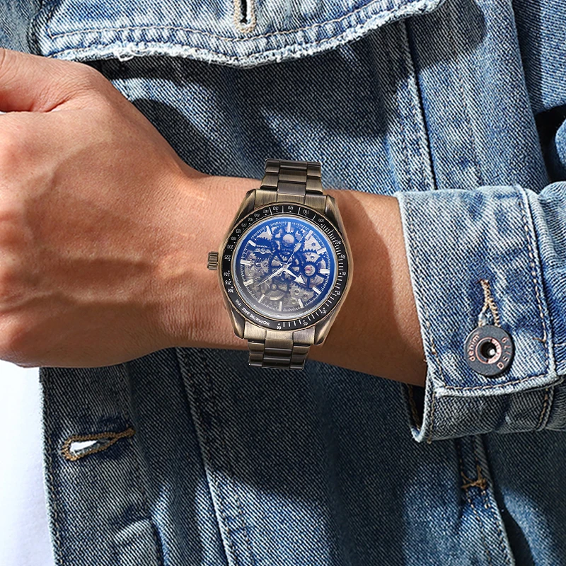

Forsining Military Sport Design Automatic Transparent Bronze Stainless Steel Skeleton Mens Mechanical Watches Top Brand Luxury