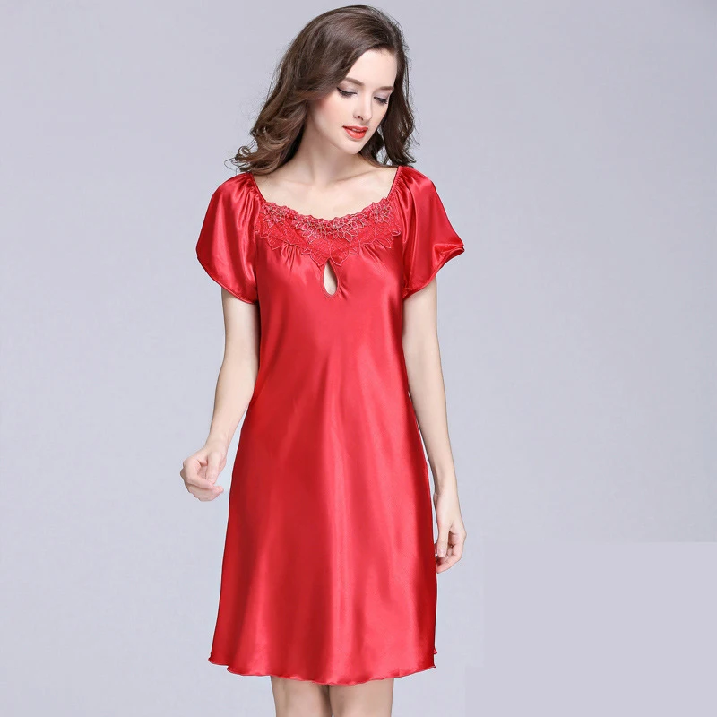

New Summer Womens Ice Silk Sleepwear Sexy Lace Hollow Out Nightdress Fashion Solid Color Short Sleeve Nightgown Satin Slip Dress