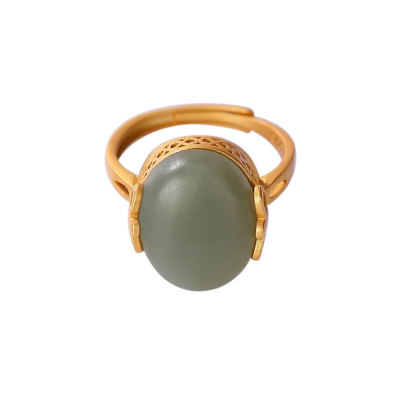 

925 sterling silver gold plated natural Hetian jade Qiemo blue ring simple graceful hollow out ladies ring
