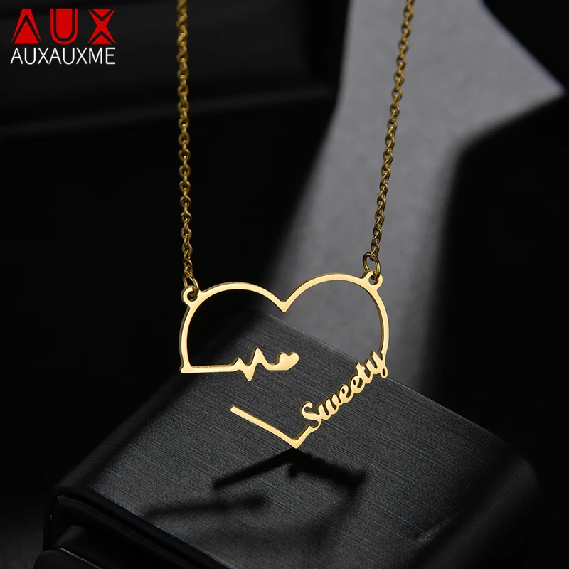 

Auxauxme Personalized Heart Name Necklaces for Women Stainless Steel Nameplate Pendant Jewelry Birthday Party Gift Dropshipping