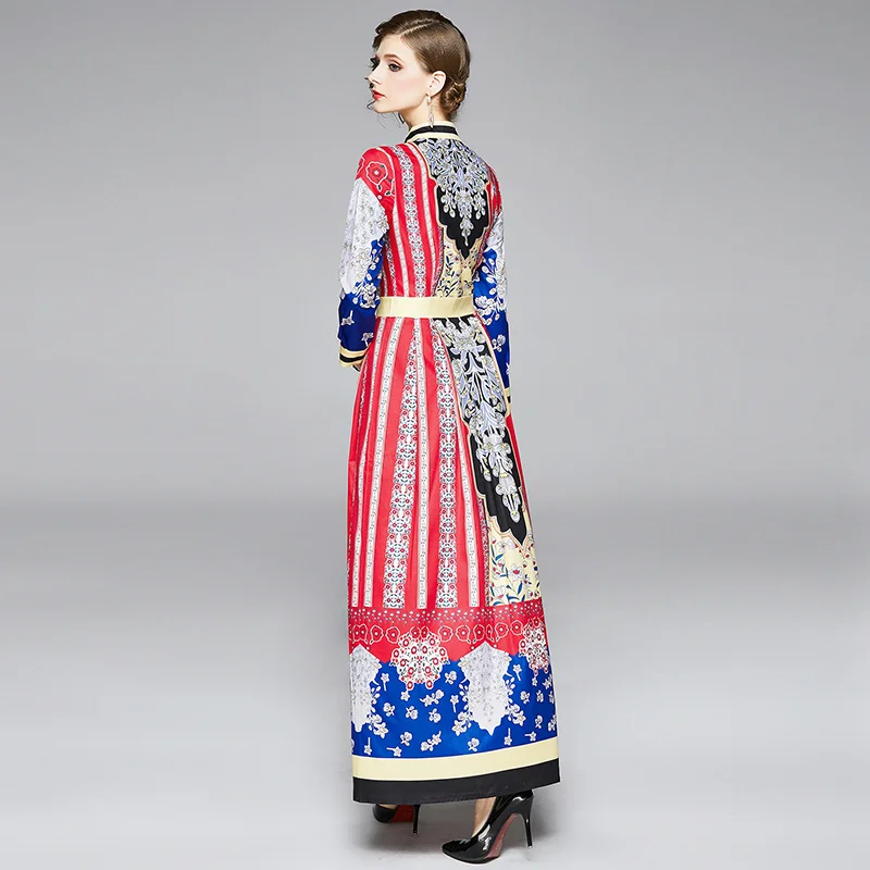 

Fall 2020 Print Dress High Waist Slim Temperament Maxi Dresses for Women Clothing Long Sleeve Turn-down Collar